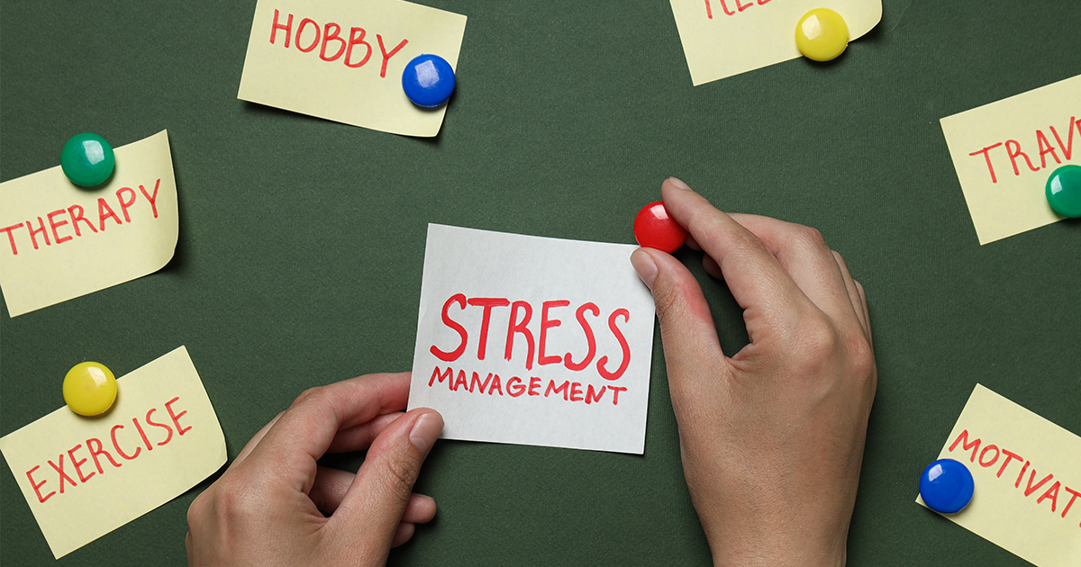 a sticky note that says "stress management" surrounded by examples of strategies